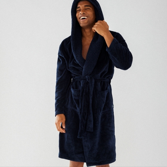 Men's Navy Fluffy Dressing Gown - Picture 2 of 4